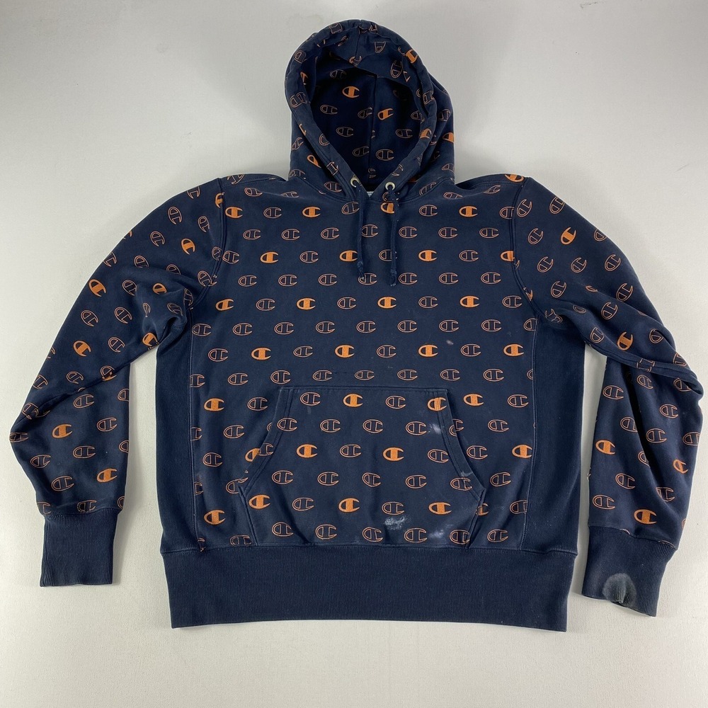 VINTAGE Champion Hoodie Adult Large Reverse Weave All Over Print LOGO AOP Mens